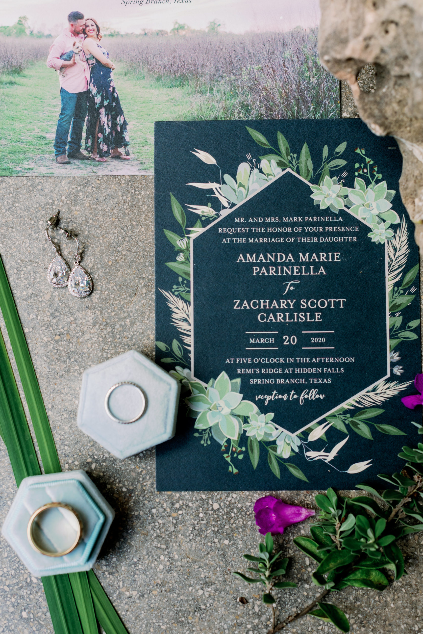 black and green botanical wedding invites